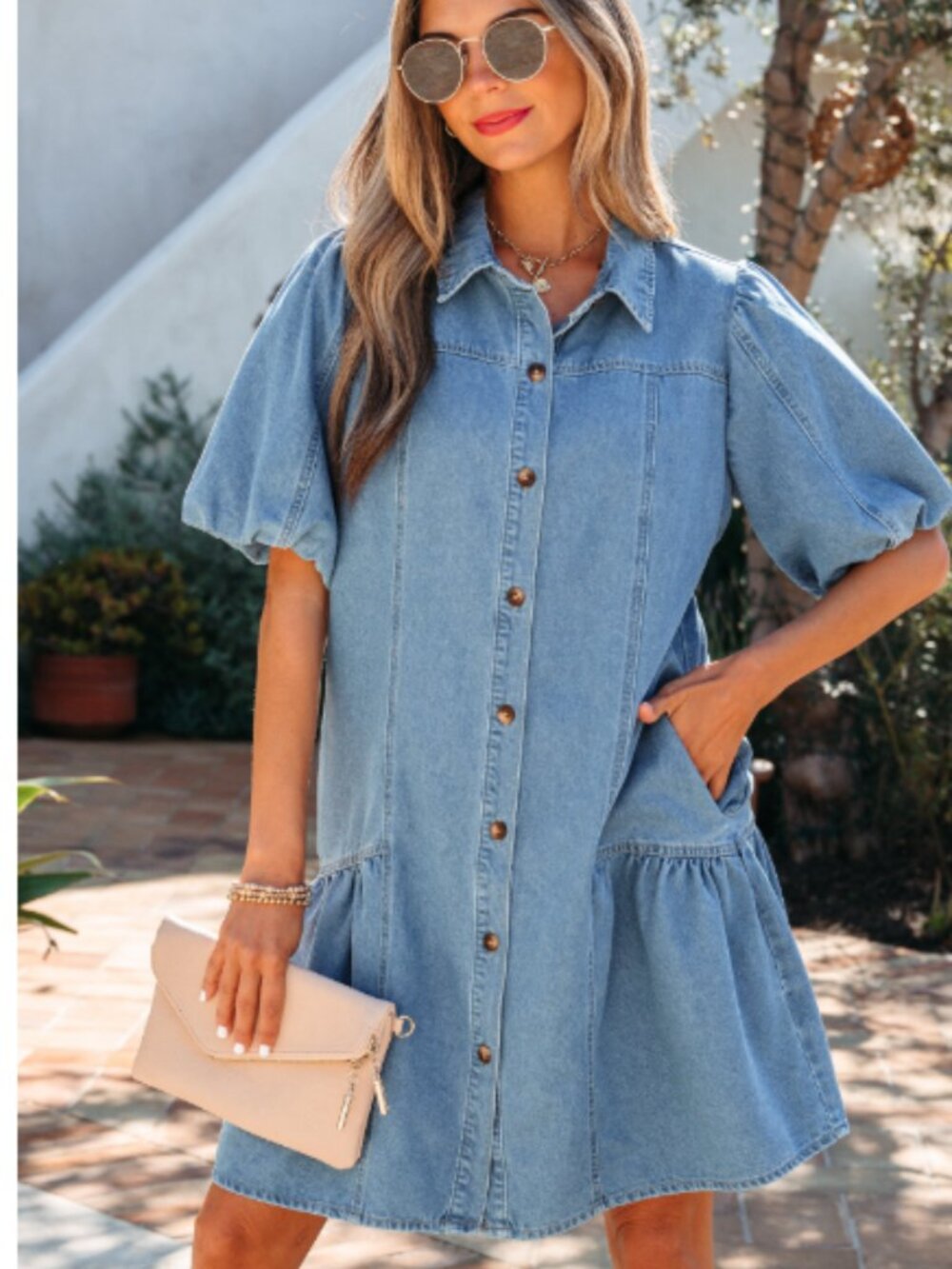 Beau Blue Button Down Short Puff Sleeve Ruffle Hem Patchwork Denim Dress